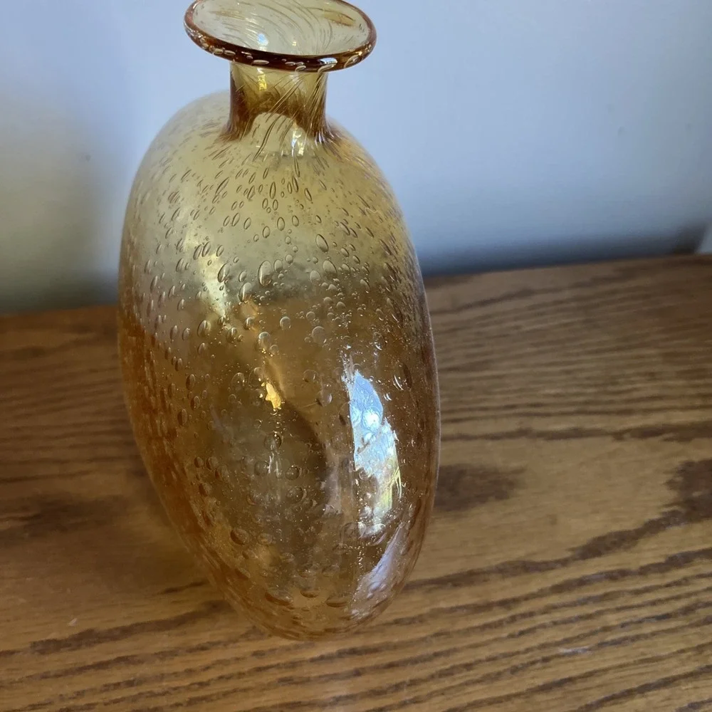 Vintage Bubble Glass Vase Amber Yellow Art Glass Contemporary MCM